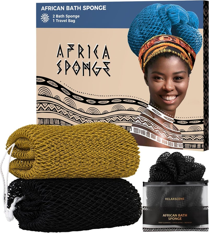 RelaxScene African Net Sponge Black and AntiGolden - 2 Pieces Authentic African Bath Sponges with Knots - Exfoliating Body Scrubber for Men - Back Scrub Exfoliator for Shower Bathroom Accessories - Image 1
